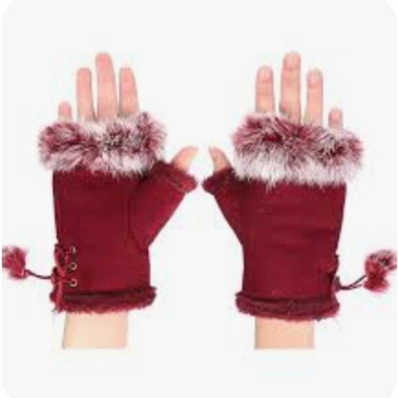 Burgundy Fingerless Touch-Screen Gloves with Faux Fur Trim, NWT - Picture 1 of 12